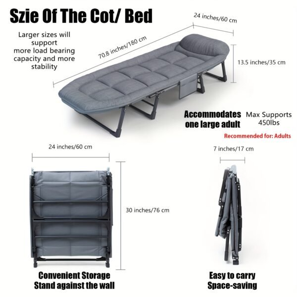 Sleeping Cots/Camping Cots for Adults 6 Adjustable Positions Portable Foldable Folding Cot with Pillow Heavy Duty Strong Frame Cot Bed for Camp, Travel, Room, Office - Image 6