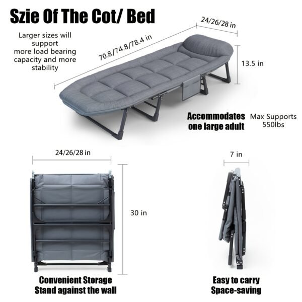 Sleeping Cots/Camping Cots for Adults 6 Adjustable Positions Portable Foldable Folding Cot with Pillow Heavy Duty Strong Frame Cot Bed for Camp, Travel, Room, Office - Image 3