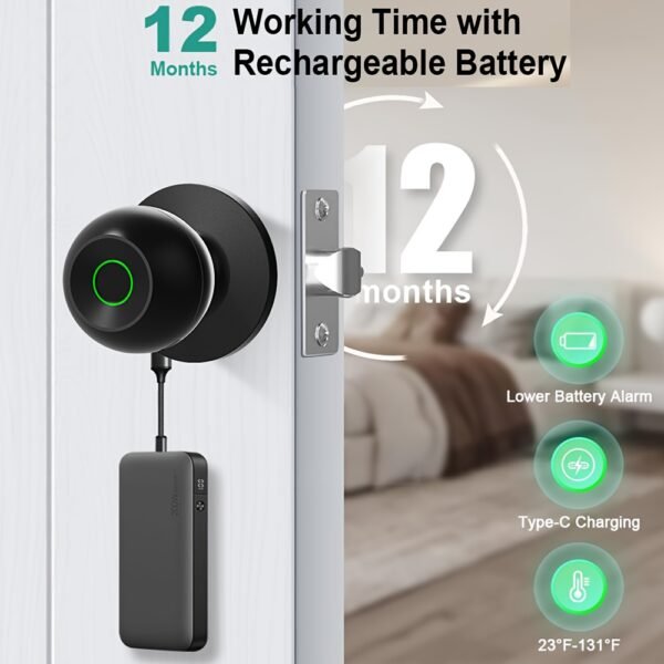 Smart Door Knob, Fingerprint/APP/Physical Key, Entrance Mode/Passage Mode/Privacy Mode, Rechargeable Lithium Battery - Image 7