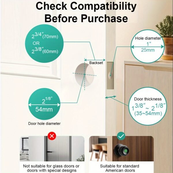 Smart Door Knob, Fingerprint/APP/Physical Key, Entrance Mode/Passage Mode/Privacy Mode, Rechargeable Lithium Battery - Image 3