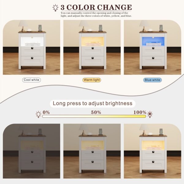 FREDEES Farmhouse LED Nightstand With Gun Drawer&Invisible Lock, Night Stand With Charging Station, Modern End Table With 2 Drawers&Shelve For Bedroom Living Room Office, White/Dark Oak - Image 5