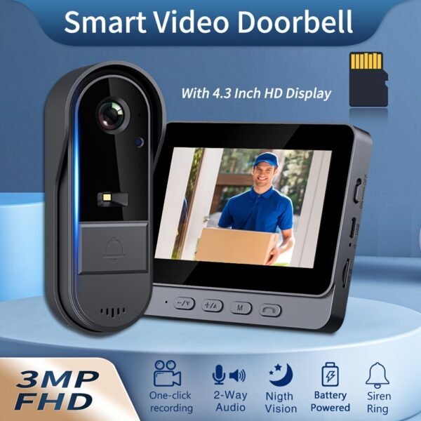 Smart Doorbell Camera with 4.3 Inch 1080P HD Monitor, Video Doorbell, 4.3-inch Display Real-time Indoor Monitoring, Ding Dong Doorbell Caller Two Way Voice for Home Surveillance, Night Vision, No Application, No Network, Image And Video Recording, Local Storage - 32GB SD Card included, Rechargeable Lithium Battery, Visual Doorbell, Video Intercom System for Ultimate Home Security - Image 2