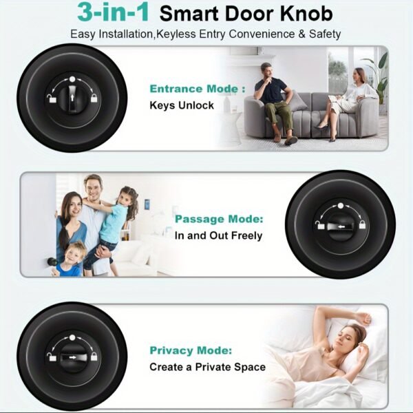 Smart Door Knob, Fingerprint/APP/Physical Key, Entrance Mode/Passage Mode/Privacy Mode, Rechargeable Lithium Battery - Image 4